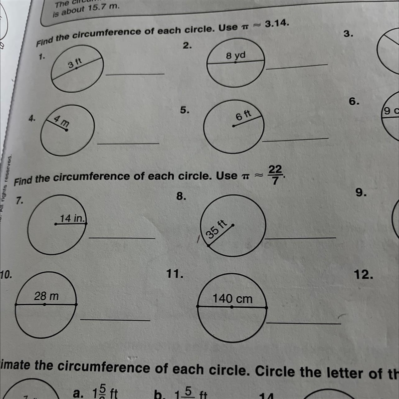 Find the circumference of each circle. Use pie = 22/7 140cm Number 11 on the picture-example-1