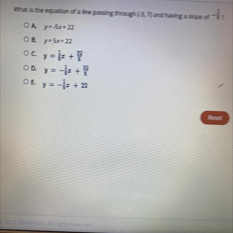 What is the equation of a line passing through (-3, 7) and having a slope of 5 ?-example-1