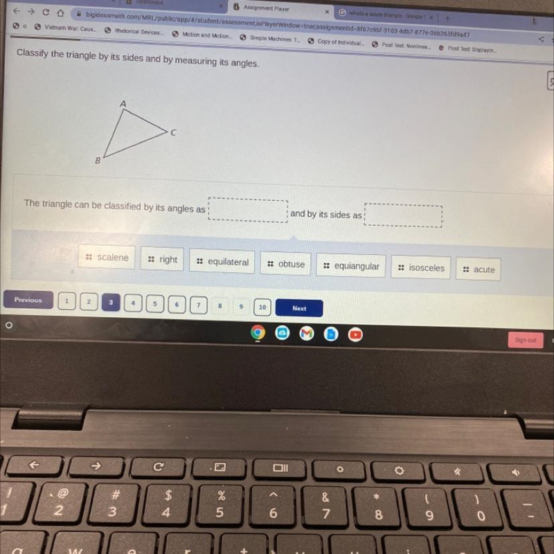 Classify the triangle by its sides and by measuring its angles-example-1