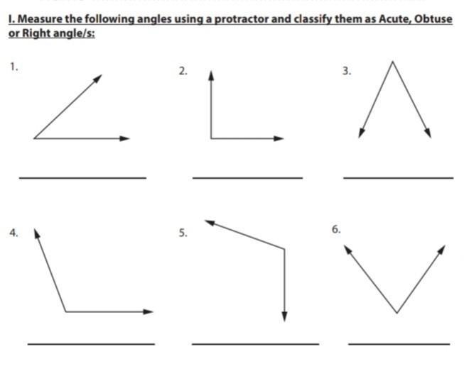 Measure the following angles using a protactor and classify them as acute, obtuse-example-1