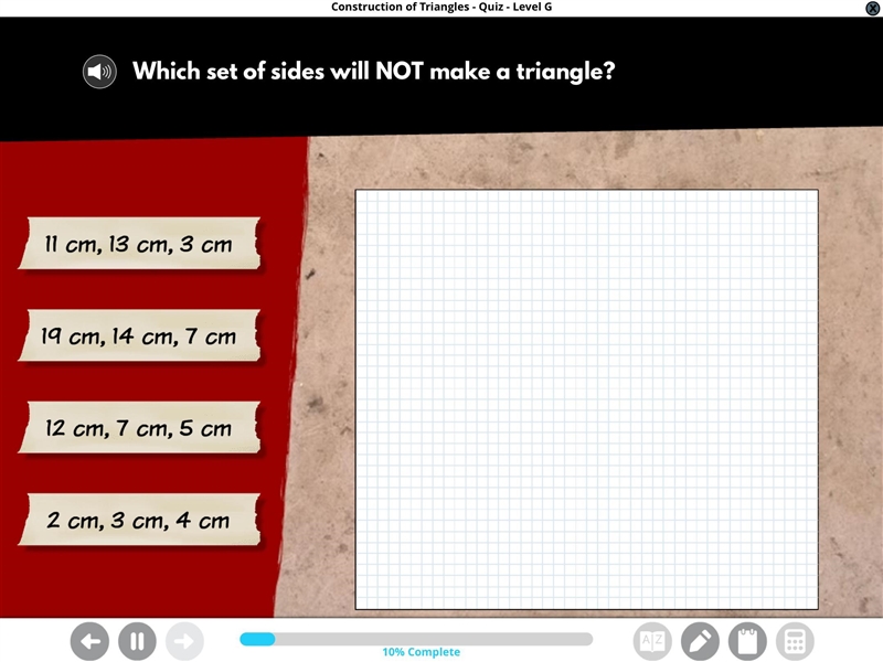 Which set of sides will not make a triangle-example-1