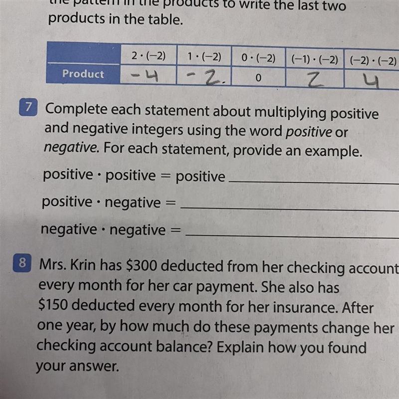 7 Complete each statement about multiplying positive and negative integers using the-example-1