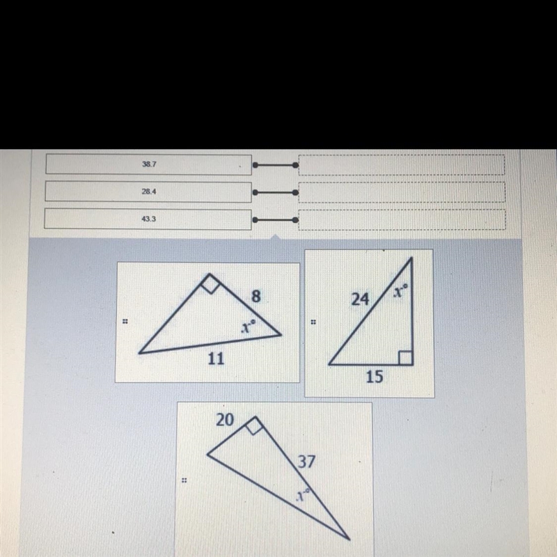 Trigonometry Match the following triangles with their missing values for variable-example-1