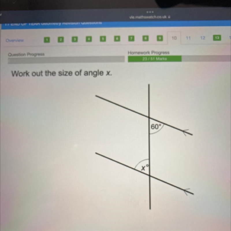 Question Progress Homework Progress 23/51 Marks Work out the size of angle x. 60° xo-example-1