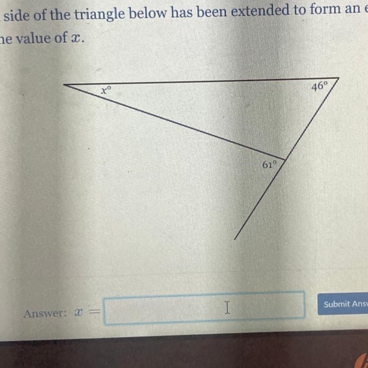 A side of the triangle below has been extended to form an exterior angle of 61°. Find-example-1