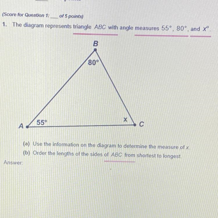 PLEASE HELP! The diagram represents triangle ABC with angle measures 55°, 80°, and-example-1