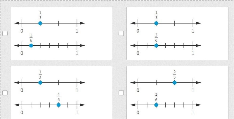 Select two sets of number lines that show equivalent fractions.-example-1