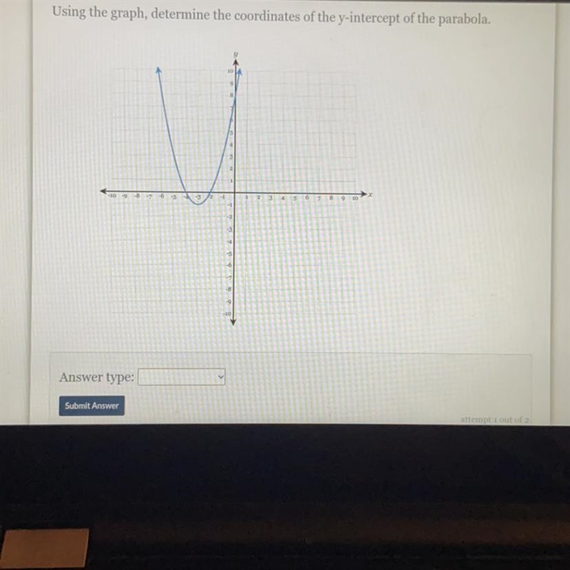 Using the graph, determine the coordinates of the y-intercept of the parabola. -10-9-8 Answer-example-1