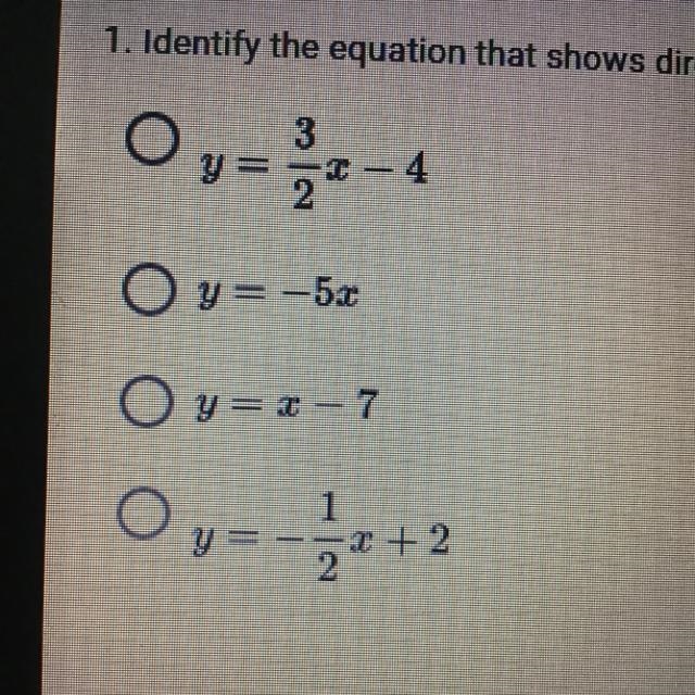 Identify the equation that shows direct variation-example-1