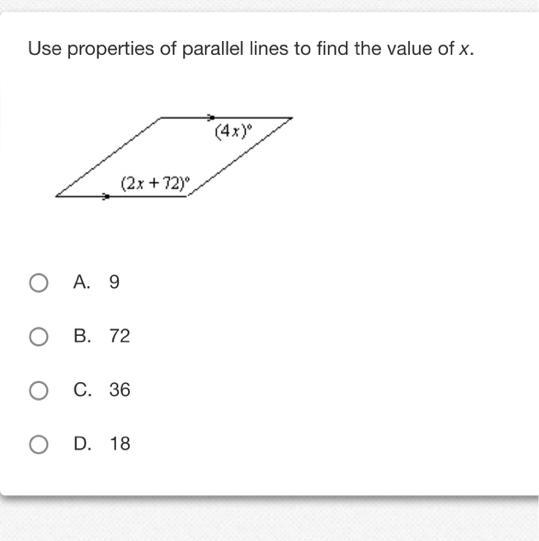 Use properties of parallel lines to find the value of x-example-1