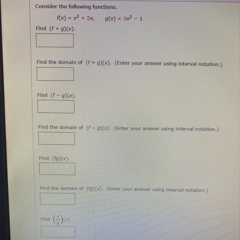 Consider the following functions.f(x) = x^2 + 2x, g(x) = 3x^2 - 1-example-1