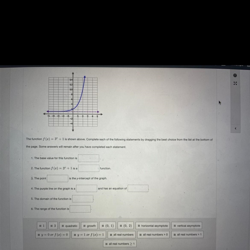 The function f(x)=3^x+1 is shown above. Complete each of the following statements-example-1