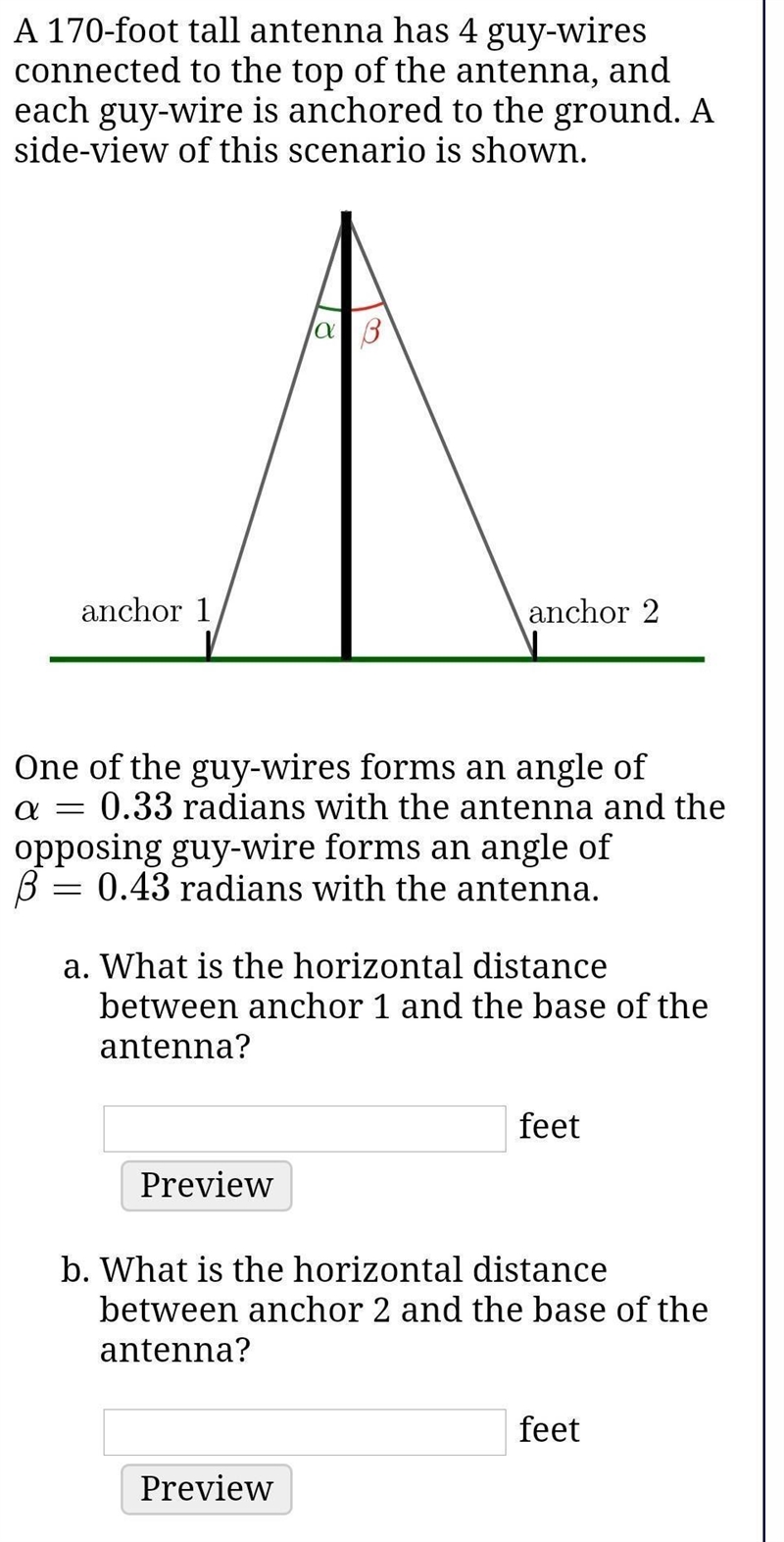 A 170-foot tall antenna has 4 guy-wires connected to the top of the antenna, and each-example-1