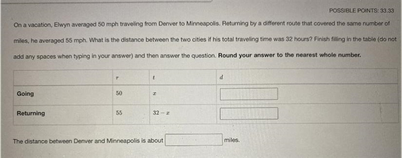 On a vacation, Elwyn averaged 50 mph traveling from Denver to Minneapolis. Returning-example-1