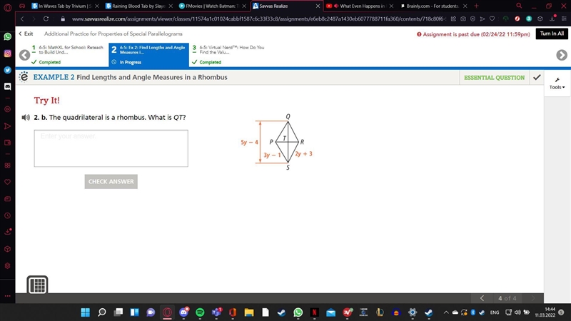 The quadrilateral is a rhombus. What is QT?-example-1