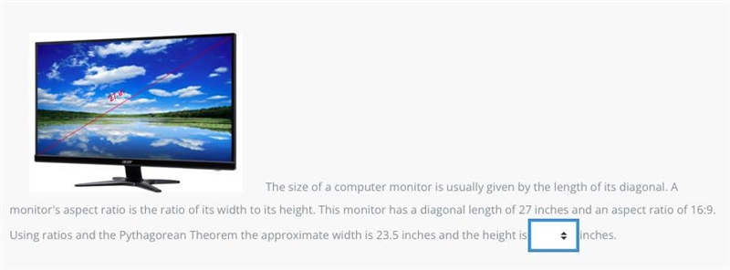 . Using ratios and the Pythagorean Theorem the approximate width is 23.5 inches and-example-1