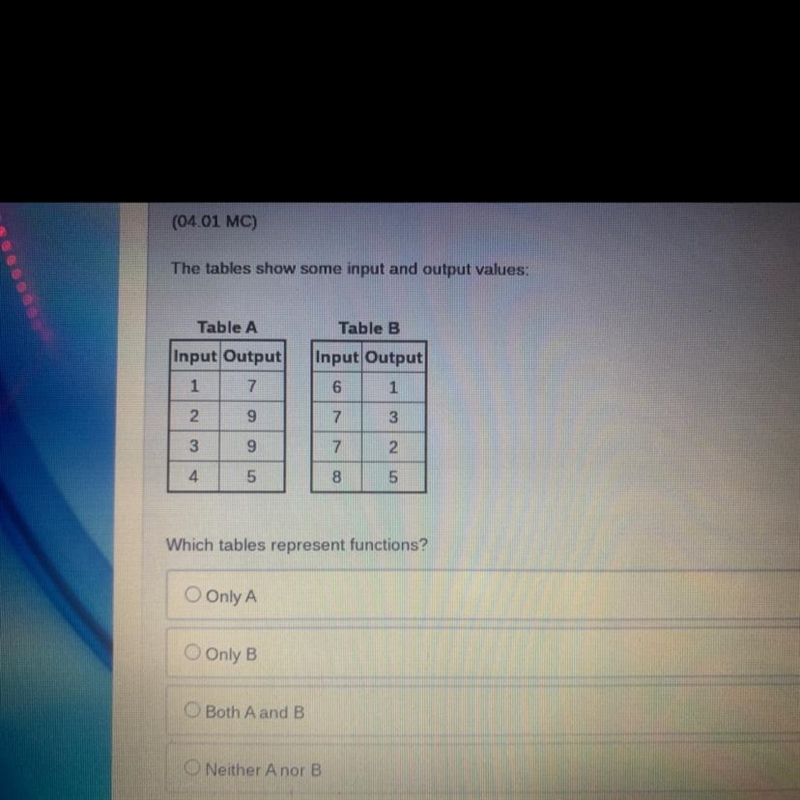 (04.01 MC) The tables show some input and output values: Table A Table B Input Output-example-1