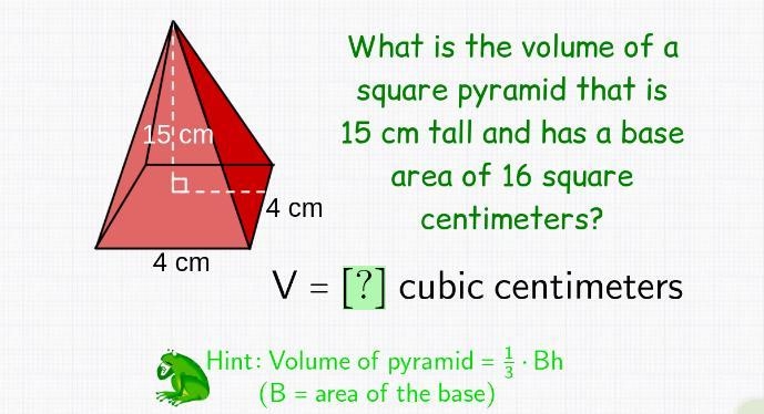 What is the volume of a square pyramid that is 15 cm tall and has a base area of 16 square-example-1