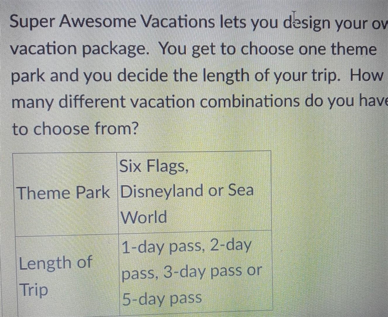 How many different vacation combinations do you have to choose from?​-example-1