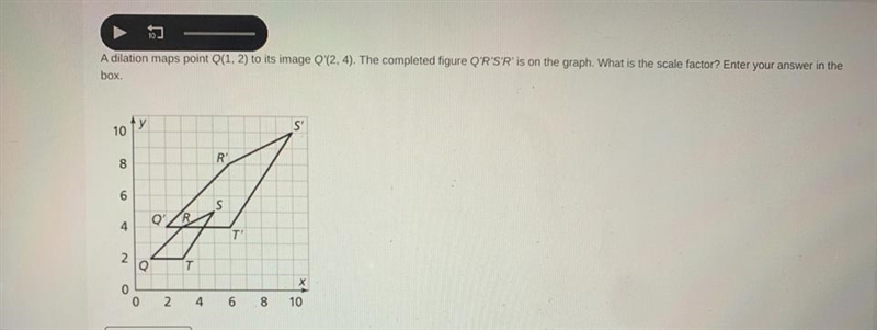 A dilation maps point Q(1, 2) to its image Q(2, 4). The completed figure Q'R'S'R' is-example-1