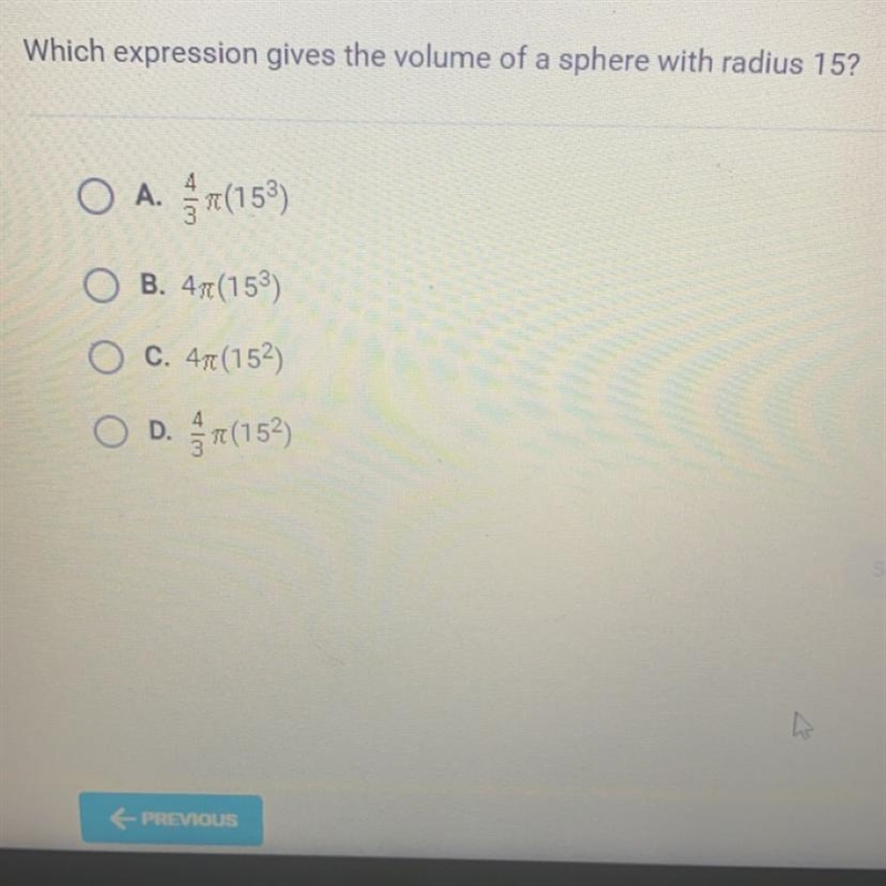 Which expression gives the volume of a sphere with a radius of 15-example-1