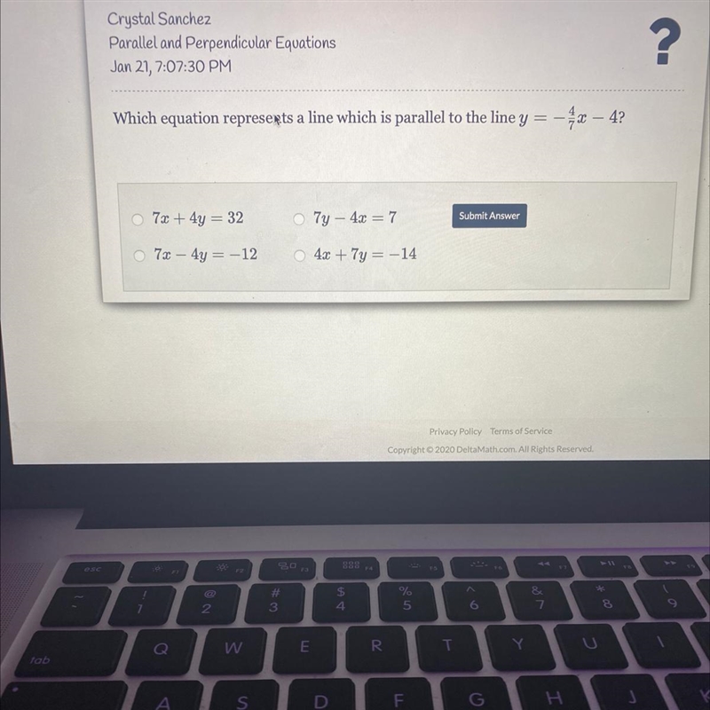 Which equation￼ represents a line which parallel￼ to the line y= -4/7x- 4-example-1