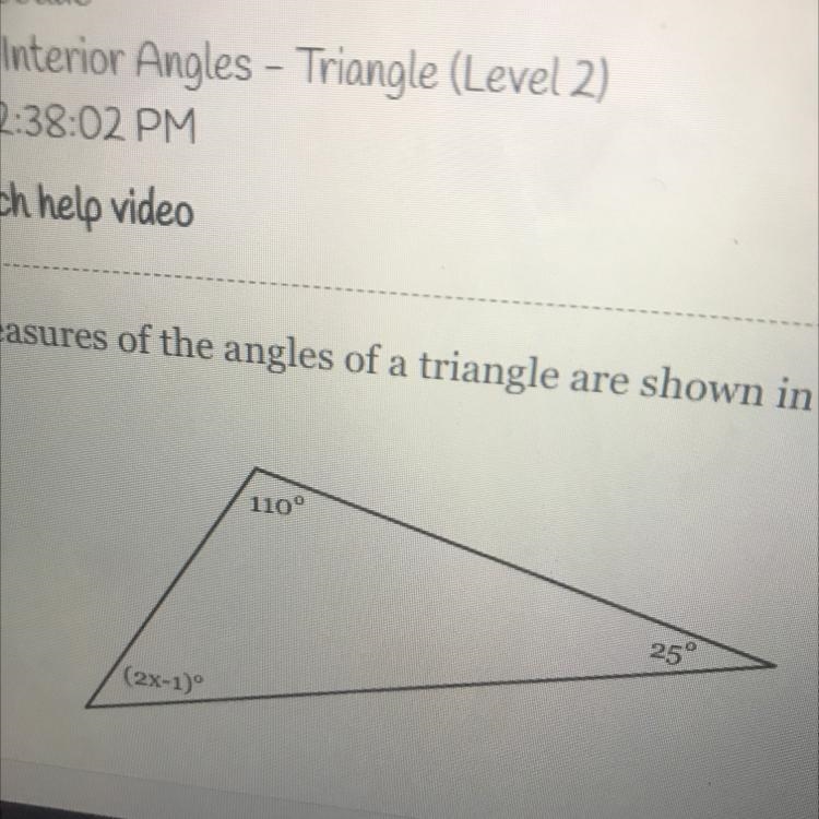 The measures of the angles of a triangle are shown in the figure below . Solve for-example-1