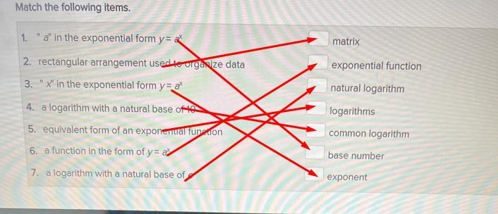 Match the following items.1. "a" in the exponential form y = a*2. rectangular-example-1