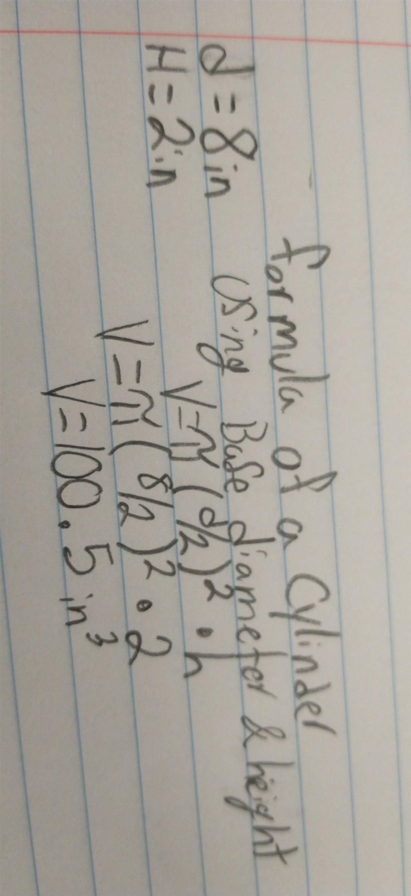 What is the volume, in cubic in, of a cylinder with a height of 8 in and a base radius-example-1