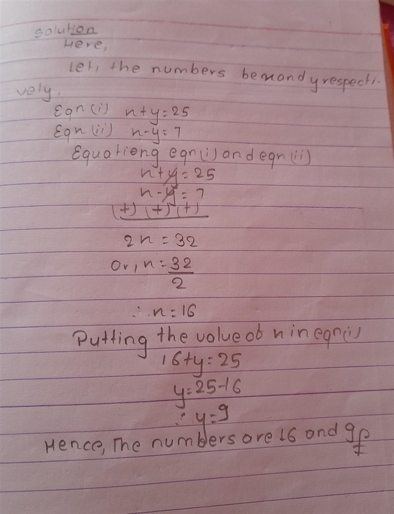 The sum of two numbers is 25. Their difference is 7. Find the numbers.-example-1