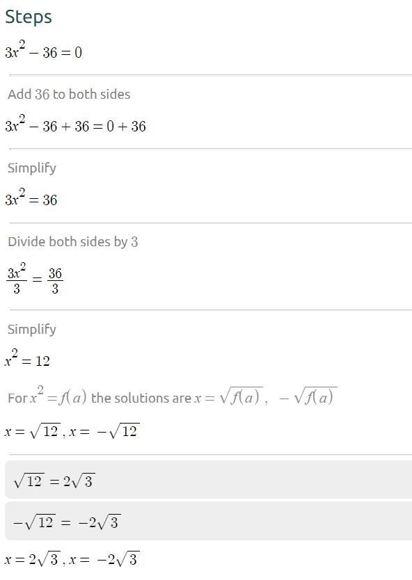 Given that f(x)=3x^2-36=0 find x-example-1