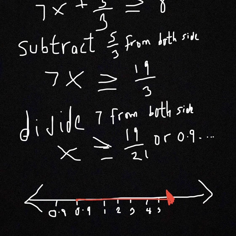 Solve the following inequality 7x-3/9 ≥ 8 - 2x. Then graph the solution on the number-example-1