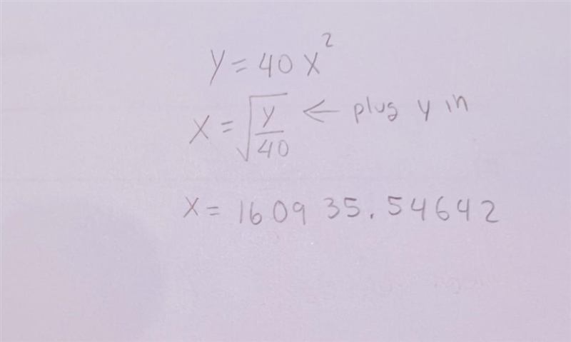 Y =40x^2 find X when y =10,360,1000,4000​-example-1