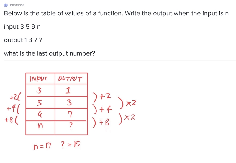 Below is the table of values of a function. Write the output when the input is n input-example-1