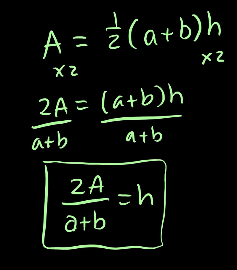 The area A of a trapezoid with parallel sides of lengths A andB and height H is a-example-1