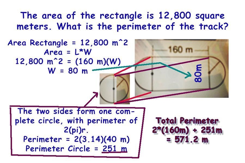 The diagram shows a track composed of a rectangle with a semicircle on each end. The-example-1