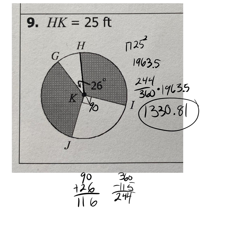 Find Area of each shaded sector. Round to the hundredths place.-example-1