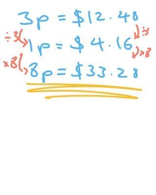Three pounds of peaches cost $12.48. What is the cost of eight pounds?-example-1