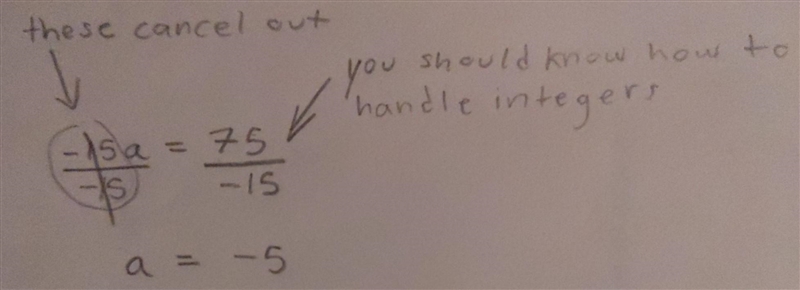 Given the equation −15a = 75, solve for a. anwsers −60 −5 5 90-example-1