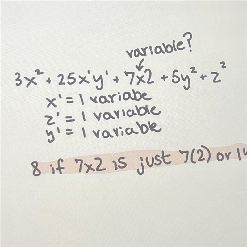 Find the number of variables in the expression: 3x² + 25xy+7x2+5y² + z^2-example-1