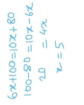 C= 6x+100 and c=10x+80 what number does x have to be for c to be the same on each-example-1