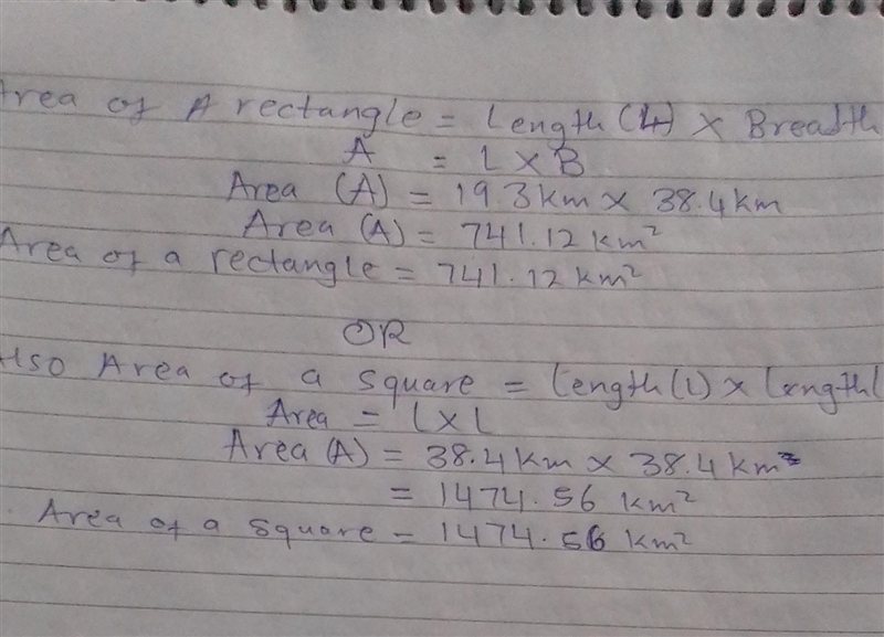 Find the area of the rectangle or square 19 3 km and 38.4 km.-example-1