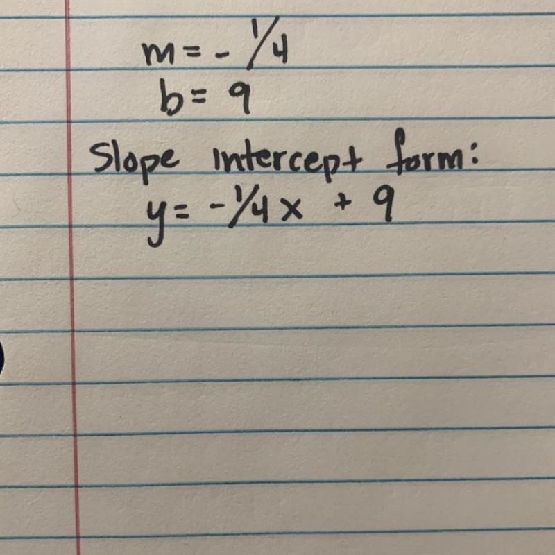 Given that the slope of a line is -1/4 and has a y-intercept of (0,9). Write the equation-example-1