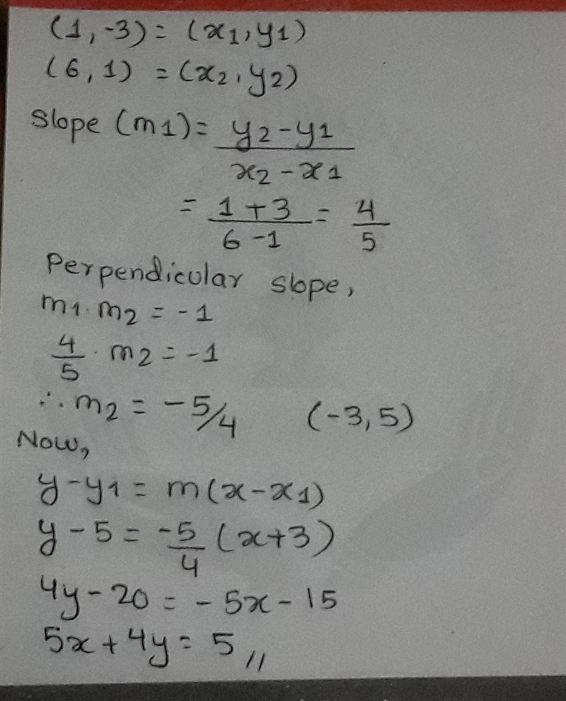 Find the equation of a line through (-3,5) and perpendicular to (1,-3) (6,1)-example-1