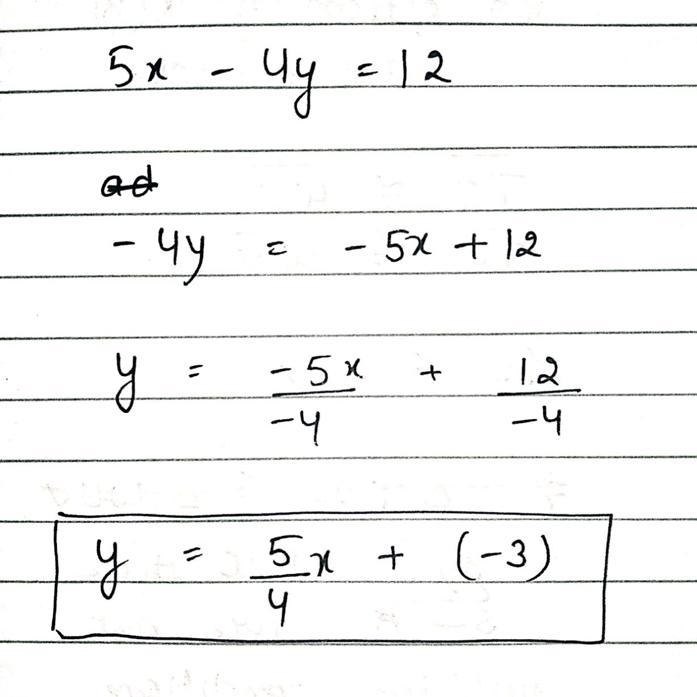 Put this equation into slope- intercept form. 5x – 4y = 12-example-1