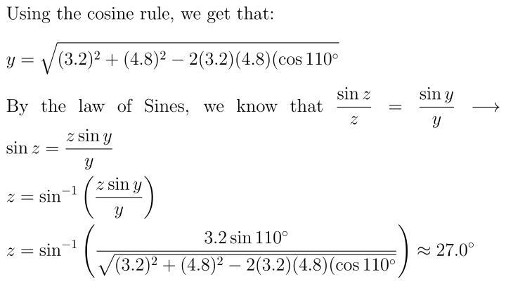 In δxyz, z = 3.2 inches, x = 4.8 inches and ∠y=110°. find ∠z, to the nearest 10th-example-1