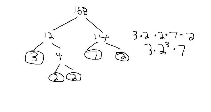 What is the prime factorization of 168? 22 x 32 x 5 34 x 7 22 x 17 23 x 3 x 7-example-1