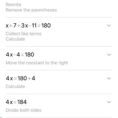 (x+7)+(3x-11)=180 what would be the answer-example-1