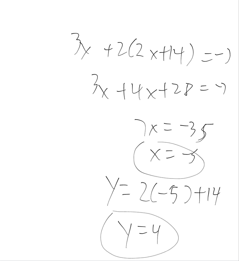 Use substitution to solve the system. y = 2x+14 3x+2y = -7-example-1