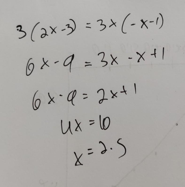 3(2x-3)=3x-(x-1) whats x equal-example-1